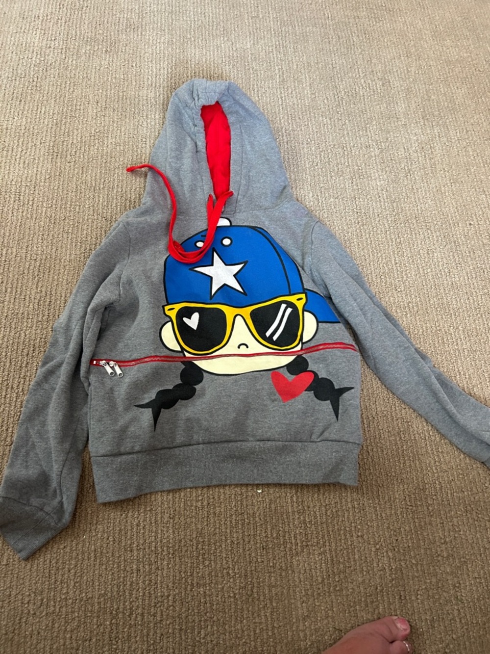 Grey Graphic Hoodie with Blue Cap and Red Lining
